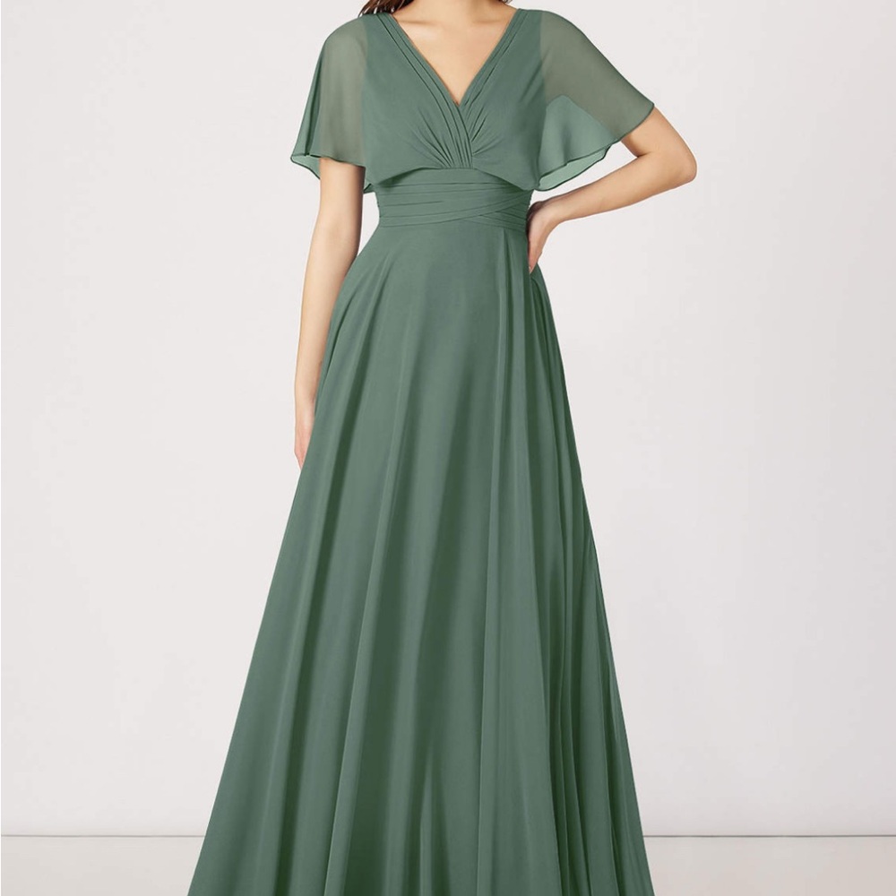 Azazie Olive Green Flutter Sleeve V-Neck Maxi Dress